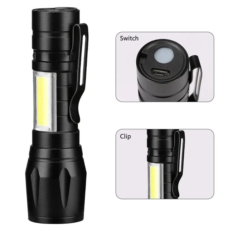 Mini Rechargeable LED Flashlight – Waterproof Torch with USB Fast Charging & Side Lamp
