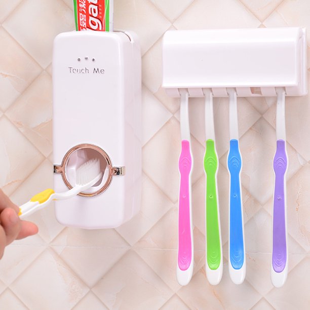 Tooth Paste Dispenser With 5 Brush Holder Wall Mounted Automatic Hands Free Toothpaste Dispenser