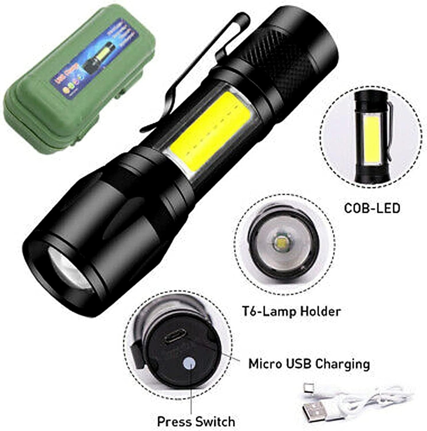 Mini Rechargeable LED Flashlight – Waterproof Torch with USB Fast Charging & Side Lamp