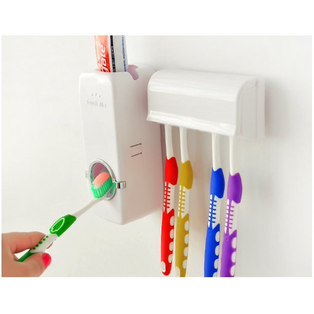 Tooth Paste Dispenser With 5 Brush Holder Wall Mounted Automatic Hands Free Toothpaste Dispenser