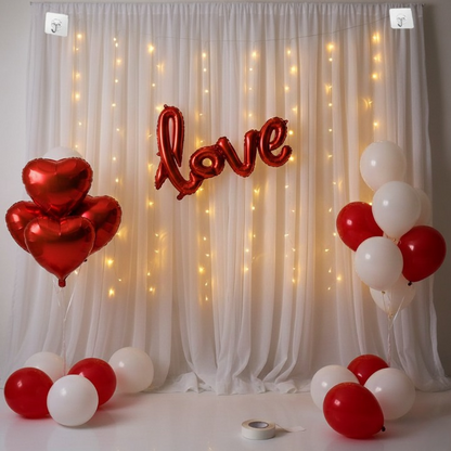 32 Pcs Romantic Tent Decoration Set With Red & White Balloons, Foil Heart, LED Lights & White Curtain Backdrop For Bedroom