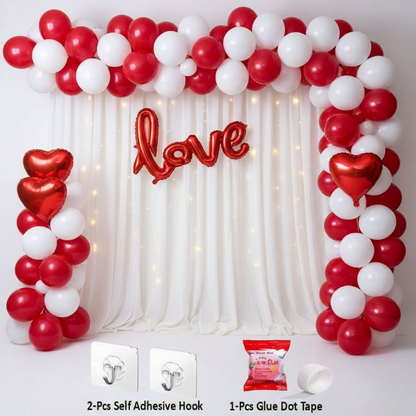 32 Pcs Romantic Tent Decoration Set With Red & White Balloons, Foil Heart, LED Lights & White Curtain Backdrop For Bedroom
