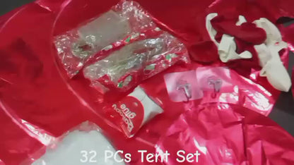 32 Pcs Romantic Tent Decoration Set With Red & White Balloons, Foil Heart, LED Lights & White Curtain Backdrop For Bedroom